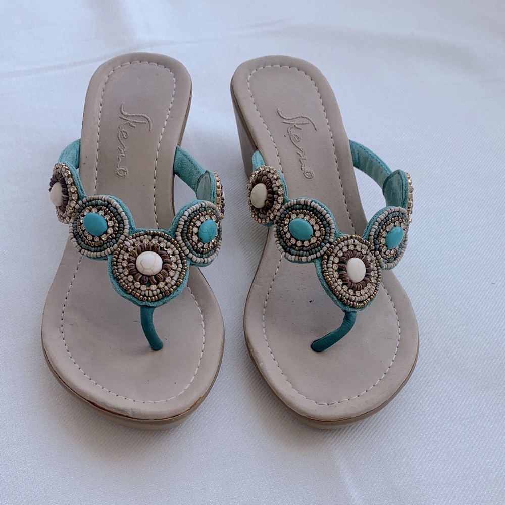 SENSO Turquoise and Beige Beaded Sandals